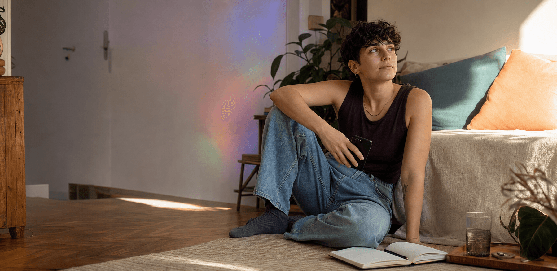 Queere Person nimmt sich zuhause einen ruhigen Moment mit Smartphone und Journal