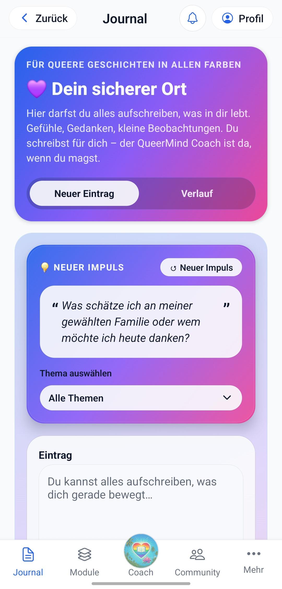 Screenshot des QueerMind-Journals mit Impulsfrage und Navigation